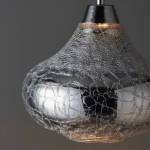 Crackle Pendant Glass & steel chrome effect LED Ceiling light