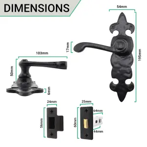 AFIT Black Antique Fleur De Lys Door Handle Latch Set - 1 Pair Cast Iron Internal Lever Latch Handles on Backplate & Latch (64mm)