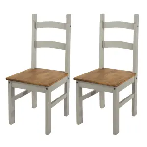 PAIR of Corona Grey solid pine chairs, grey wax finish with antique wax seat