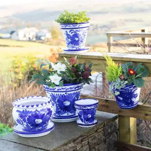 Blue Floral Hand Painted Set of 2 Outdoor Bola Pots & Drainage Plates (D) 25cm