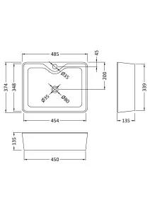 Rectangular 1 Tap Hole Ceramic Countertop Vessel without Overflow - 485mm