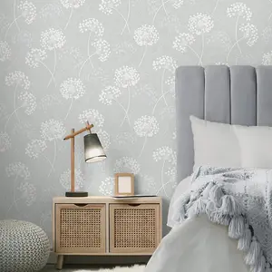 Fine Decor Grace Allium Grey Silver Wallpaper Floral Metallic Textured Vinyl