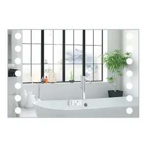 Modern Rectangular Lighted Bathroom Mirror Wall Mirror with Clock and Shaver Socket 800 x 600 mm