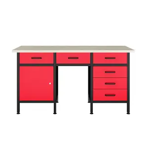 POLLOR 160 cm Steel Workbench Storage Desk Tool With 6 Drawers Garage Workshop Workstation Red & Black