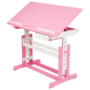 Desk - for children, wooden, tiltable tabletop, 7 height settings, with drawer - pink