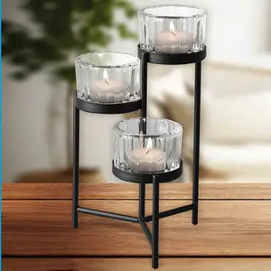 URBNLIVING 18cm Height Black Metal 3 Tealight Candle Holder Decorative Table Centerpiece