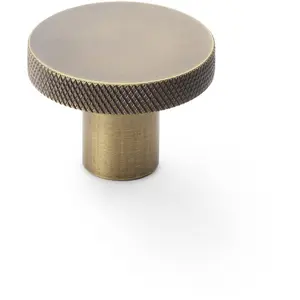 Knurled Round Radio Cupboard Door Knob - 38mm Diameter Antique Brass Pull Handle