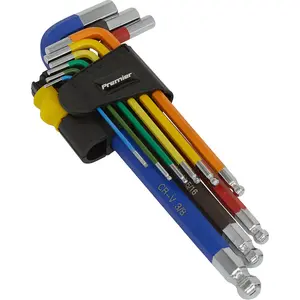 9 Piece Colour Coded Long Ball-End Hex Key Set - Imperial Sizes with Anti-Slip Grip