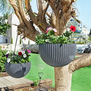 3Pcs Grey Decorative Hanging Round Plastic Plant Pot Set with Drainage Holes and Chains