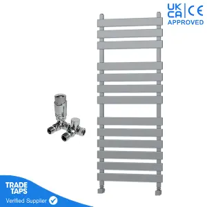 Designer Marvella Chrome Flat Panel Towel Radiator Heated Ladder Rail - 1300 x 500mm - Corner TRV Valve Pair