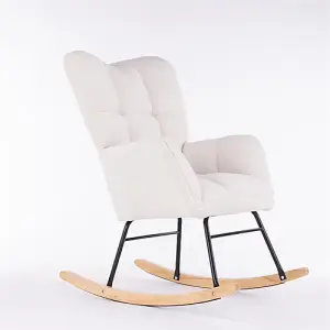 Mid Century Modern Teddy Fabric Tufted Upholstered Rocking Chair Padded Seat For Living Room Bedroom, Ivory White