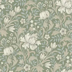 Sage Green Floral Wallpaper Light Blue Leafs Beige Flowers Smooth Matte Grandeco