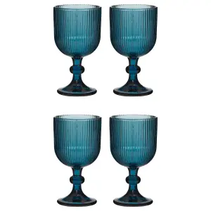 Set of 4 Vintage Luxury Blue Ribbed Drinking Wine Glass Wine Goblets 360ml