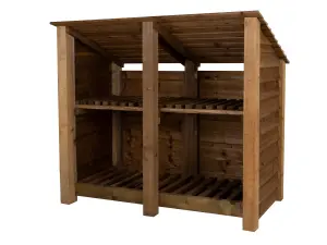 Wooden log store (roof sloping back) with kindling shelf W-146cm, H-126cm, D-88cm - brown finish