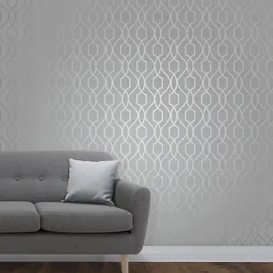 Apex Geometric Trellis Wallpaper Stone and Silver Fine Decor FD41995