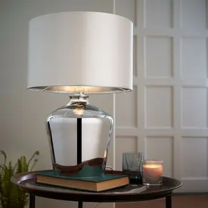 Modern Mirror Table Lamp Gloss Chrome Glass & Ivory Shade Feature Bedside Light