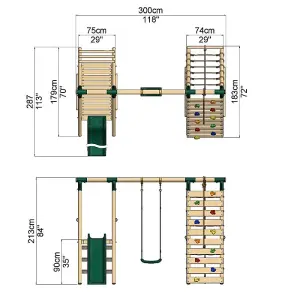 Rebo Wooden Swing Set with Deck and Slide plus Up and Over Climbing Wall - Amber Green