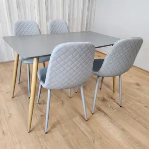 Dining Table Set of 4 Wooden Grey Table with 4 Grey Gem Patterend Chairs