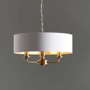 Haywood Antique Brass with Vintage White Faux Silk Shade Classic Modern 3 Light Ceiling Pendant