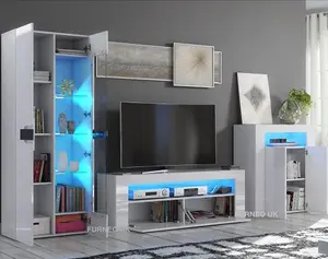 Furneo High Gloss & Matt White Living Room Set TV Stand Sideboard Display Cabinet Blue LED Lights