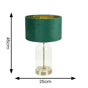 ValueLights Jessy Glass with Gold Trim Table Lamp with Forest Green Velvet with Gold Inner Lamp Shade