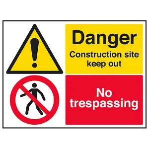 CONSTRUCTION SITE NO TRESPASSING Warning Sign Rigid Plastic 600x450mm