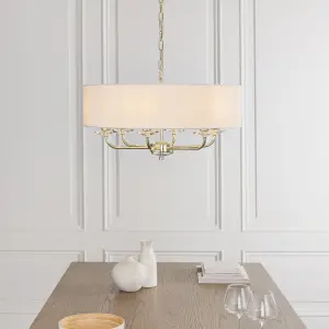 Anson Lighting Eureka 6lt Pendant light finished in Brass plate and vintage white fabric