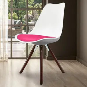 Soho White & Bright Pink Plastic Dining Chair with Pyramid Dark Wood Legs