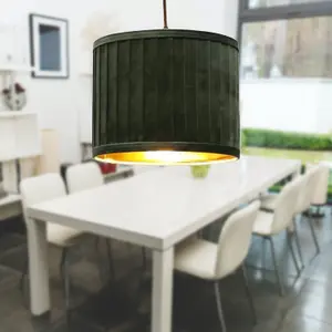 First Choice Lighting Set of 2 Sundance Dark Green Velvet Pleated 25cm Lamp Shades with Gold Inner