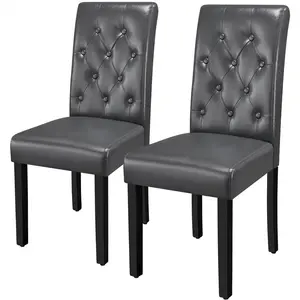 Button Tufted Padded Faux Leather Dining Chair with Solid Wood Legs (Set of 2) Gray