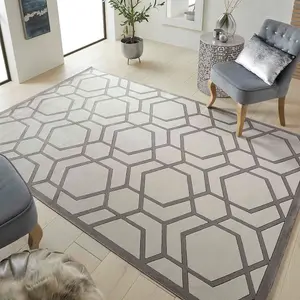 Ivory Light Grey Chequered Geometric Easy to Clean Modern Dining Room Bedroom and Living Room Rug-160cm X 230cm