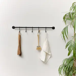 Melody Maison Black Industrial Wall Mounted Rail with 5 Storage Hooks