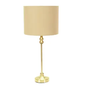 ValueLights Maggie Gold Candlestick Table Lamp with Beige and Metallic Gold Lamp Shade and LED Bulb