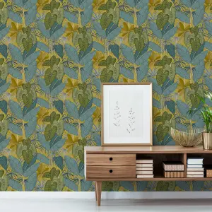 GDUK Tropical Carribean Leaf Nikia Textured Wallpaper, Ochre