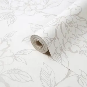 GoodHome Acaj Beige & white Floral Textured Wallpaper Sample