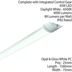 5ft 45W Daylight LED Ceiling Light IP65 Non Corrosive Batten 6500K 4000 Lumen