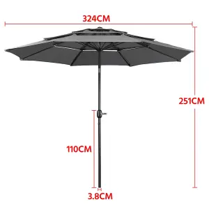 Yaheetech Grey 3.2m 3 Tier Tiltable Patio Parasol Vented Table Umbrella with Crank