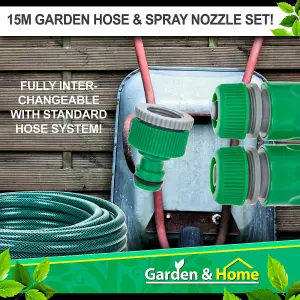 Garden Hose & Spray Nozzles 5 Piece Set 15m Reinforced Pipe Roots & Shoots