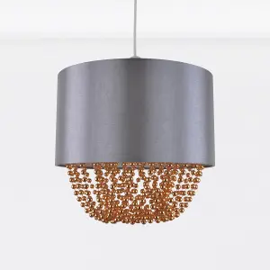 First Choice Lighting Grey Faux Silk & Copper Jewelled Ceiling Light Shade