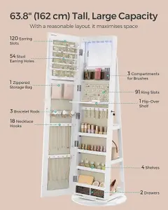 SONGMICS Frameless Full-Length Mirror Jewellery Cabinet, Swivel Organiser with LEDs, Free-Standing, White Surface, Greige Lining