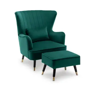 Velvet Emerald Green Camila Accent Wingback Chair with Footstool