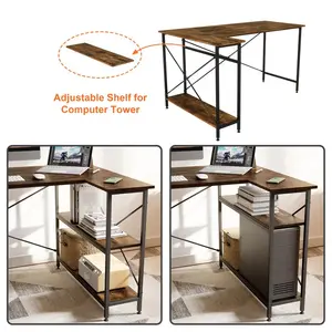 L-Shaped Desk (120 or 140cm x 90cm) Corner Desk with Adjustable Shelves by Aliff Rustic Brown / 74cm H x 120cm W x 90cm D