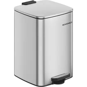 SONGMICS Steel Kitchen Waste Bin, Pedal Trash Can, Includes Inner Bucket, Soft-Close Function, Stays Open, Metallic Silver