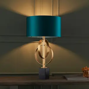 Antique Gold Table Lamp & Teal Satin Shade - Black Marble Base Desk Light