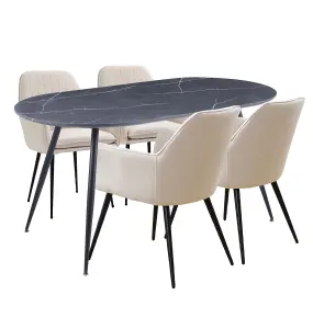 Hallowood Furniture Cullompton Large 160cm Oval Table, Grey Marble Effect Top, with 4 Beige Fabric Arm Chairs