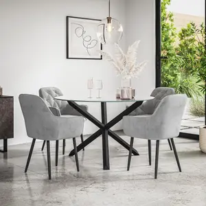 Malvern Round Dining Table And Chairs -  Clear Glass Table Top w Solid Black Oak Legs + Anika Velvet Dining Chair Set Of 4 (Grey)