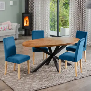 Dosenna Oval Dining Table Set with 4 Maiolo Velvet Chairs - Blue