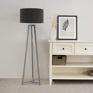 ValueLights Lottie Grey Wood Tripod Floor Lamp with Charcoal Grey Boucle Drum Shade