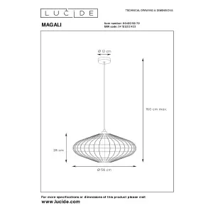 Lucide Magali Scandinavian Rattan Pendant Light 56cm - 1xE27 - Light Wood