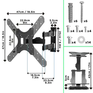 Duronic TVB420 Full Range TV Bracket, Swivel and Tilt Wall Mount with VESA 600x400 for Flat Screen Television 17-56"